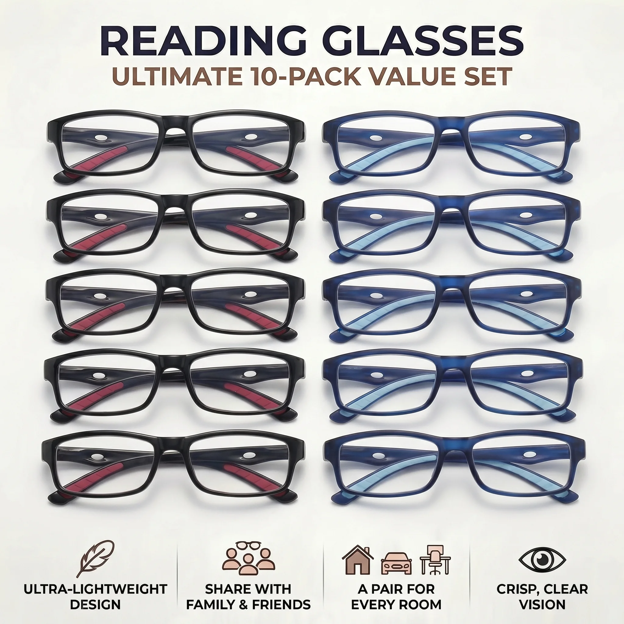 

10 Pair Retro Rectangular Reading Glasses, Anti-Slip Hollowed Temple Design, Home/Office Backup Set