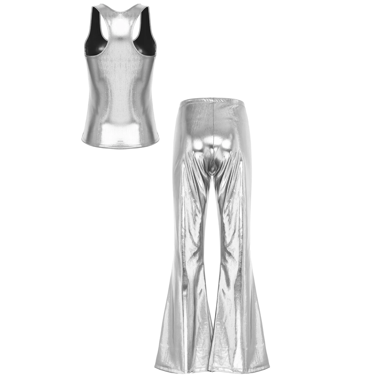 Womens Metallic Shiny Sleeveless Racer Back Tank Top with Elastic Waistband Flare Pants 70's Theme Party Disco Dance Clubwear