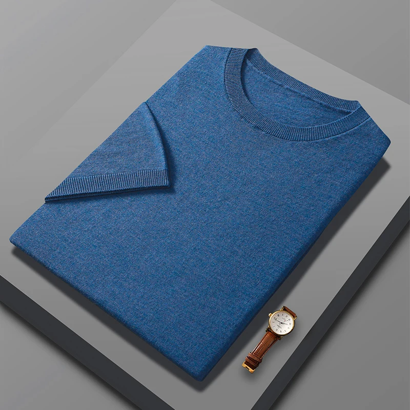 Spring And Summer Worsted Wool Knitted Short-Sleeved Men's T-Shirt Round Neck Thin Fashion Half-Sleeve Sweater