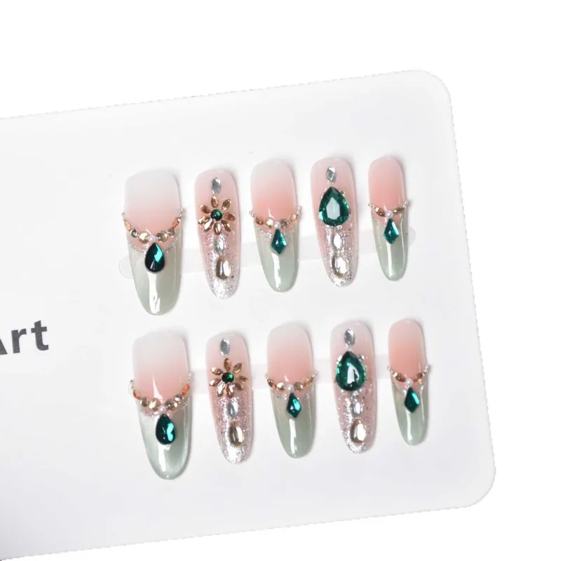 

Green French hand-worn nail piece Finished medium and long style Summer icy and fresh armor