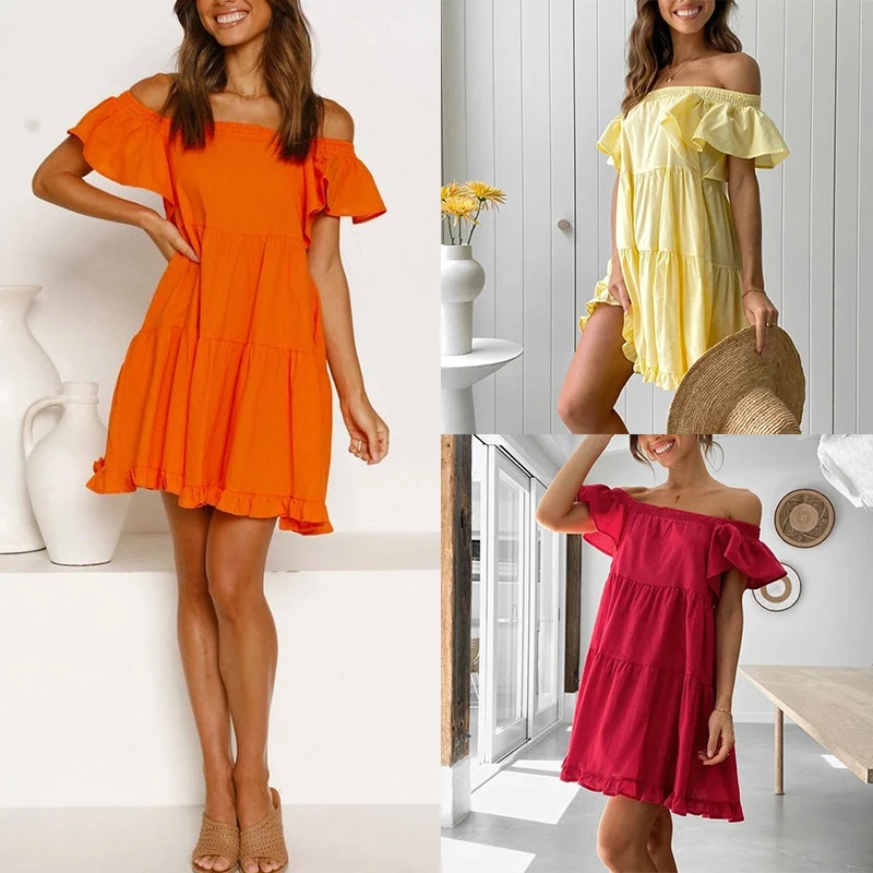 

2024 Summer Women's V-neck Solid Color Pocket Dress Trumpet Sleeve Patchwork Ruffled Dress