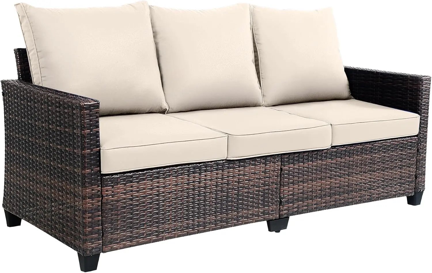 3-Seat Outdoor Sofa, PE Rattan, Beige | High Back Support Patio Sofa,Deep Seat Comfort,All-Weather Cushions,For Patio/Garden/Dec
