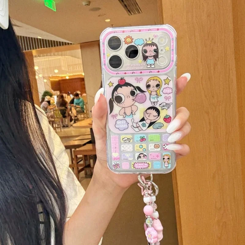 Kawaii Blow Bubbles Cute Girl Phone Case For iPhone 17 Pro 16 15 Pro Max Cover with Chain Fashion Shockproof Cartoon Protective