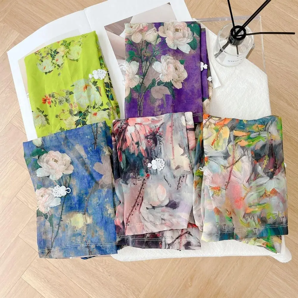 

Chinese Style Buckle Printed Ice Silk Sleeves Flower Anti-UV Chiffon Sunscreen Sleeve Arm Covers Sun Protection Cycling Gloves