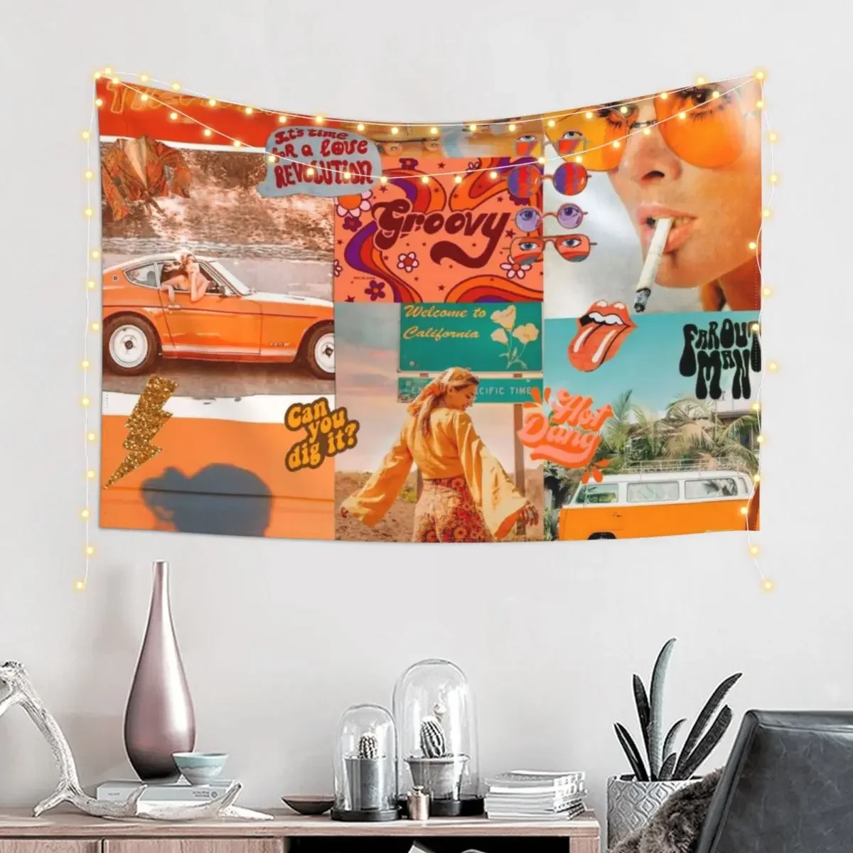 Orange 70s Groovy Collage Tapestry Room Aesthetic Mushroom Things To The Room Tapestry