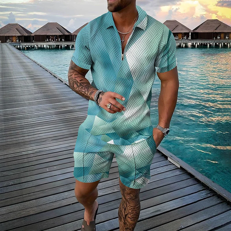 Men Zipper Polo Shirt Shorts 2pc Set Tracksuit Summer 3D Print Beach Boho Geometric Style Holiday Business Clothing High-quality