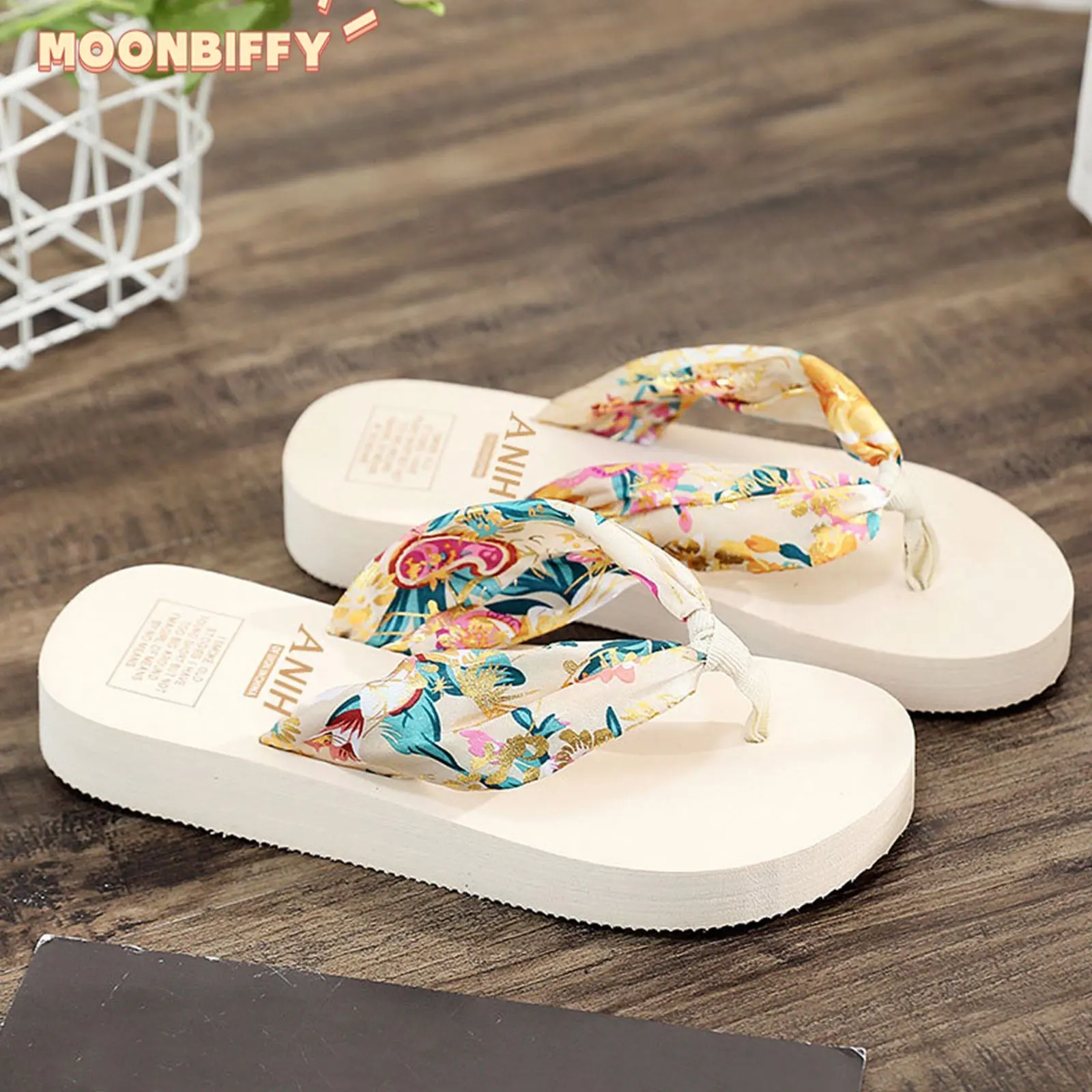 2023 Summer Floral Printing Slippers Women Bohemian Satin Strap Platform Wedge Flip Flops Outdoor Thick Bottom Beach Shoes