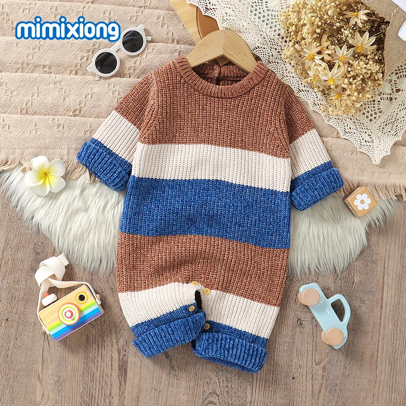 

Детские комбинезоны, вязаные детские повседневные комбинезоны с круглым вырезом и длинными рукавами для маленьких мальчиков 0-18 м, осенне-зимняя одежда для малышей 0-18 м