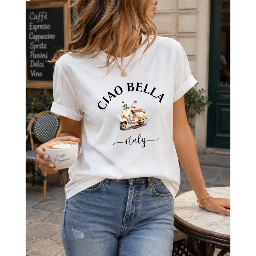 CIAO BELLA Women's Italian Motorcycle Print T-Shirt  Italian Scooter Short Sleeve Blouse Top Round Neck Vibrant Geometric Design