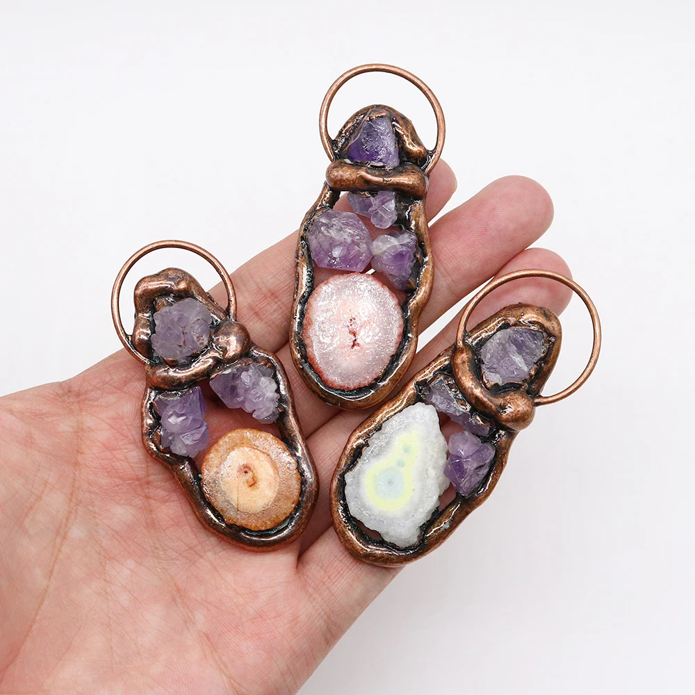 

Natural Crystal Pendant Amethyst Necklace Retro Electroplating Clip-on Jewelry Quartz Stone Diy Reiki Healing Gift Accessories
