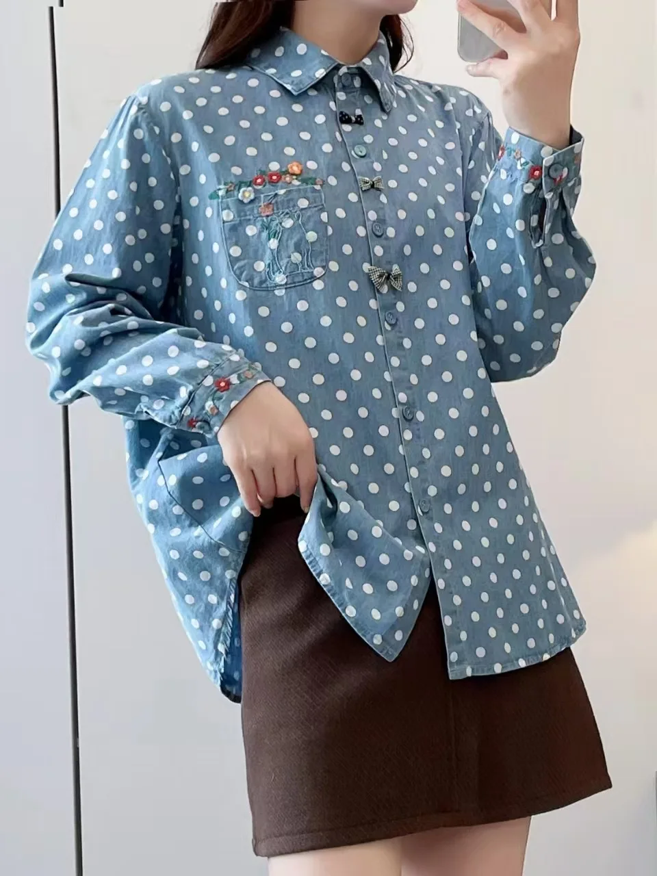 Vintage 90s Bow Flower Embroider Polka Dot Button Down Denim Shirt Women Long Sleeve Blouses Jean Tops Mori Girl Clothes