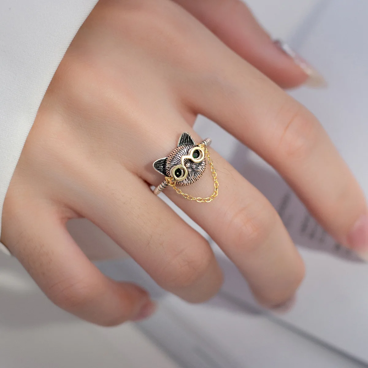 925 Sterling Silver Cute Cartoon Cats Wear Glasses Open Rings Fashion Silver Color Cat Head Chain Finger Ring for Jewelry Gift