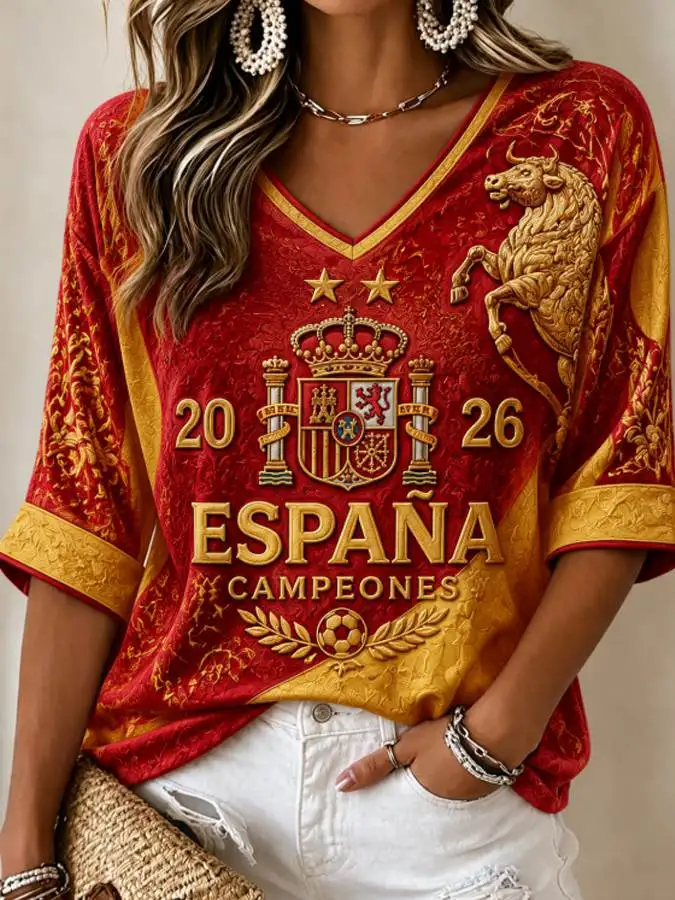 T-shirt à manches courtes pour hommes, thème Champions Espagne 2026, imprimé football, décontracté, sport, entraînement, assorti pour la famille