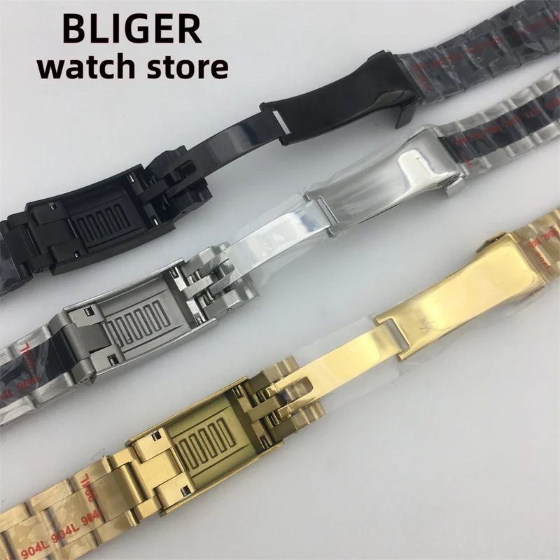 BLIGER 20mm Stainless Steel Strap PVD Black Strap Folding Slide Locking Latch Fits 36mm 39mm 40mm watch case