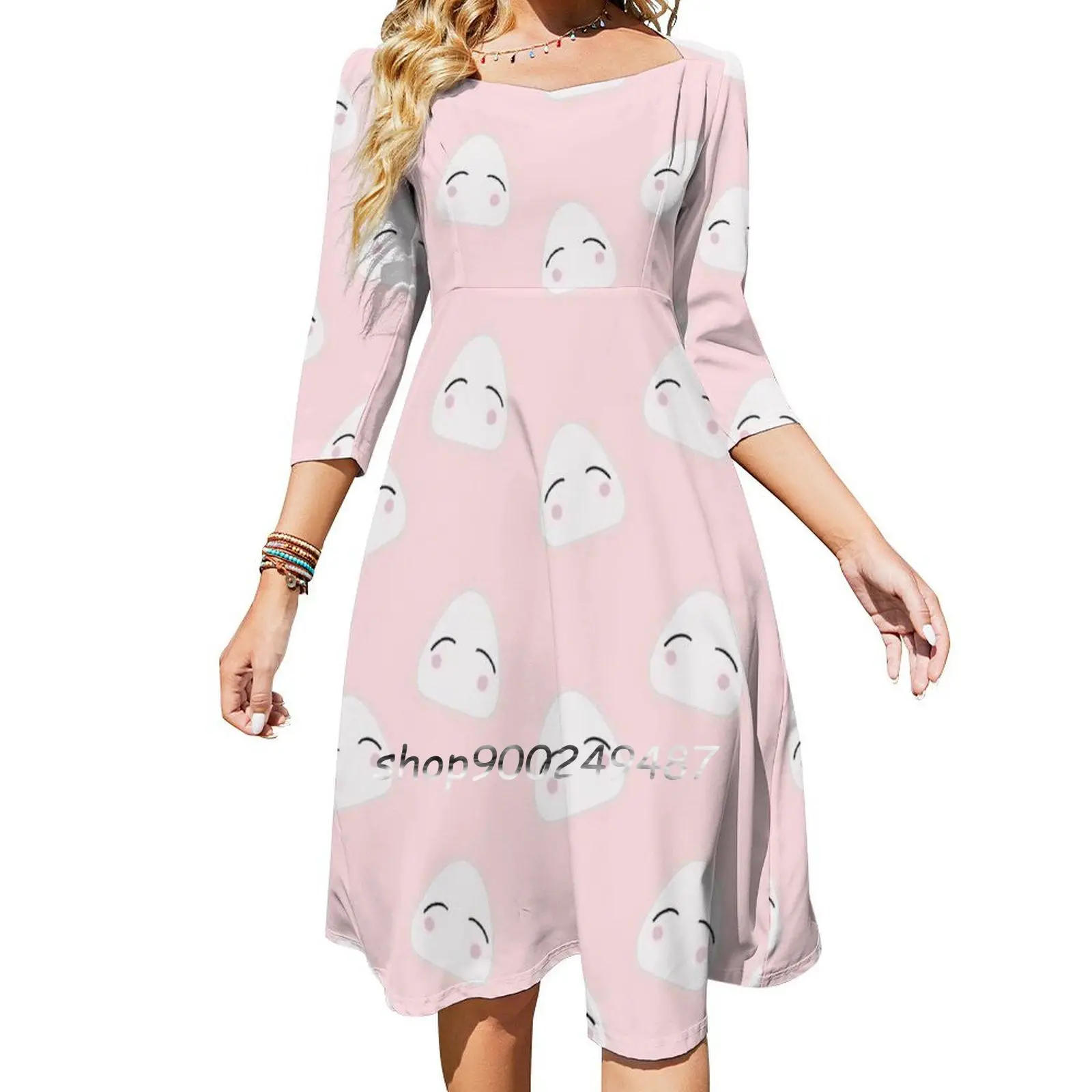 Riceball Pattern Sweetheart Knot Flared Dress Fashion Design Large Size Loose Dress Tohru Riceball Zodiac Family Reboot Cute