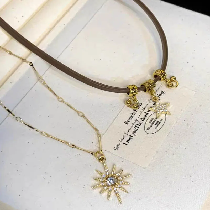 2025 Sun Star Zircon Necklace for Women Vintage Leather Necklace Double Layered Pendant Chain Choker Fashion Jewelry Ожерелье