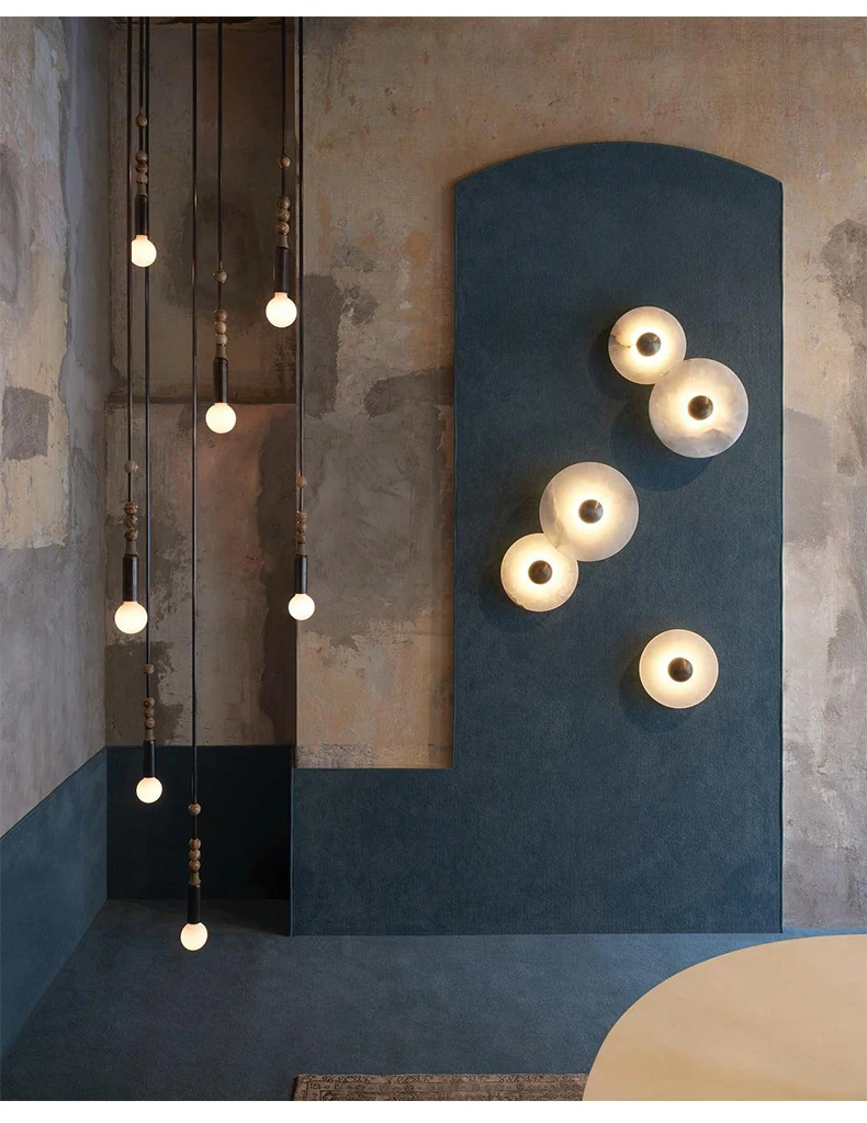 Natural Marble LED Wall Lamp Round Shape Gold Metal Free
