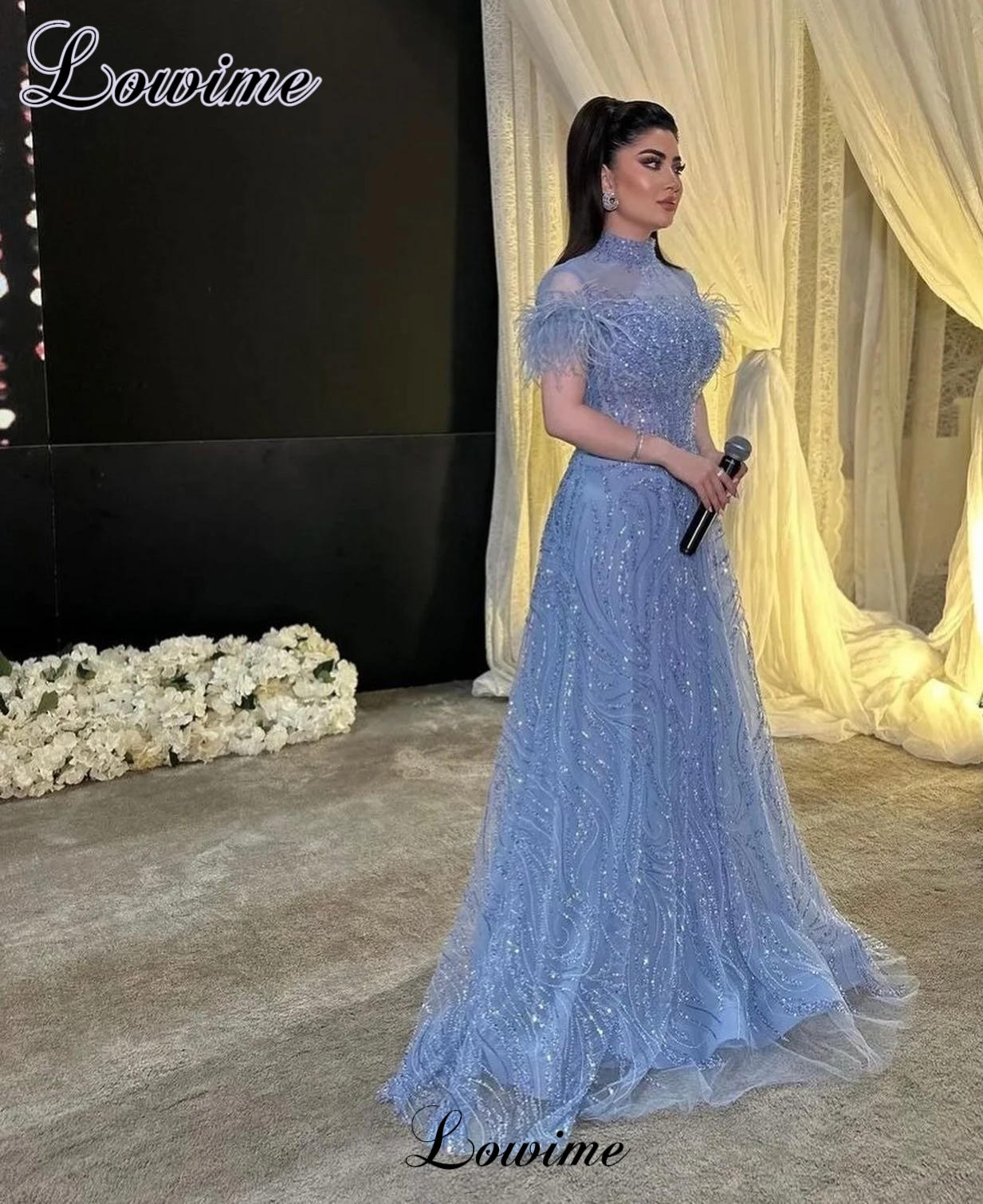 Arabic Blue Evening Dresses Elegant High Neck Short Sleeves Performance Dresses For Women Vestidos De Fiesta Prom Party Dresses