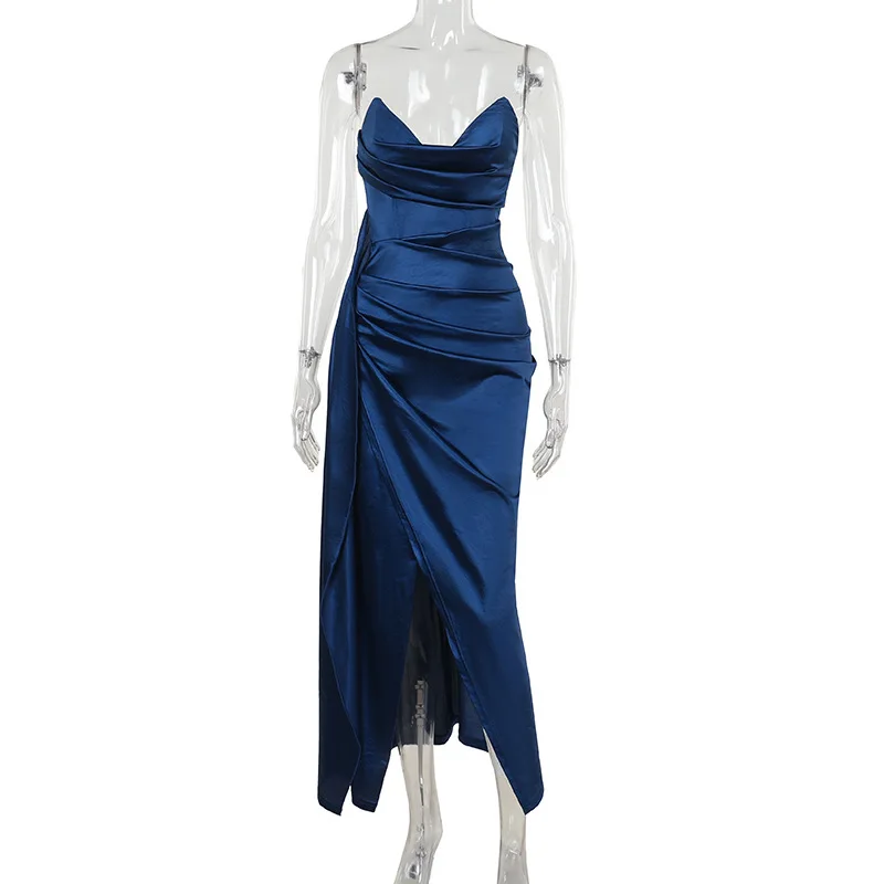 

Sexy Ruched Sleeveless High Spit Long Formal Evening Dress Dark Blue
