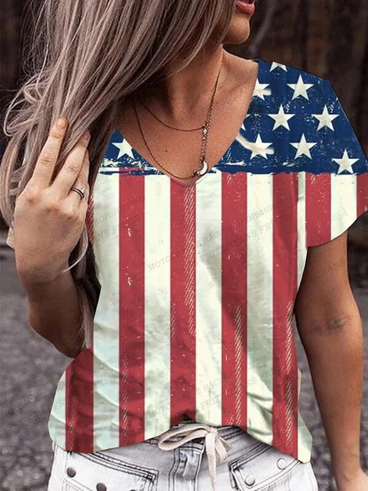 Women Fashion V-Neck Vintage T-shirts Short Sleeve Tops American Flag 3d Print T-shirt Tees Loose Casual Tees USA Flag Tops