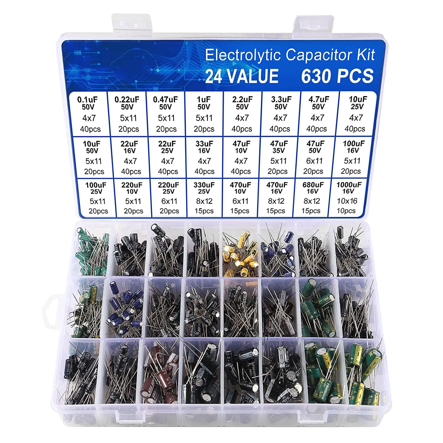 630Pcs 0.1UF-1000UF 24Values Aluminum Electrolytic Capacitors 10-50V Mix Electrolytic Capacitor Assorted Kit For TV LCD Monitor