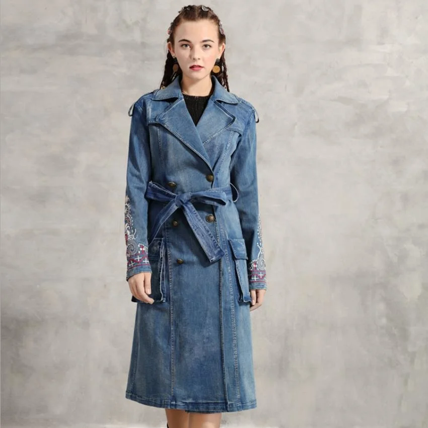 

embroidery spring autumn fashion retro denim trench female double breasted over the knee longer denim outerwear with belt F808