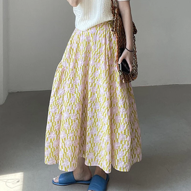 

Korean Floral Spring Summer New Skirts 2024 Fashion Elastic High Waist Causal A-line Skirt Faldas Mujer Moda