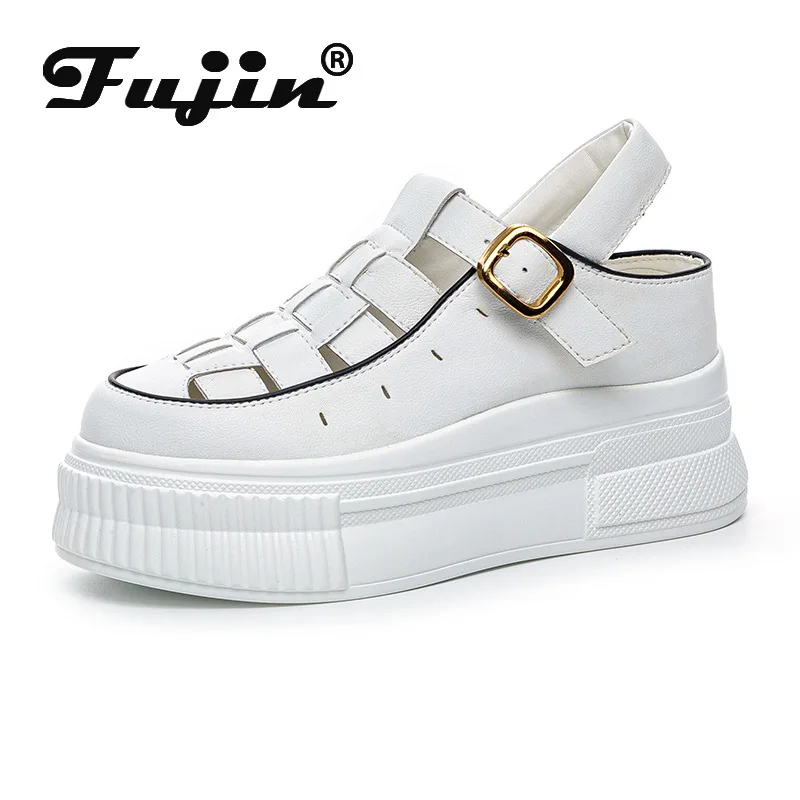 

Fujin 7 см из коровьей кожи на платформе, на танкетке, женские сандалии высокого бренда, массивные кроссовки на плоской подошве, вулканизированные туфли с полыми крючками