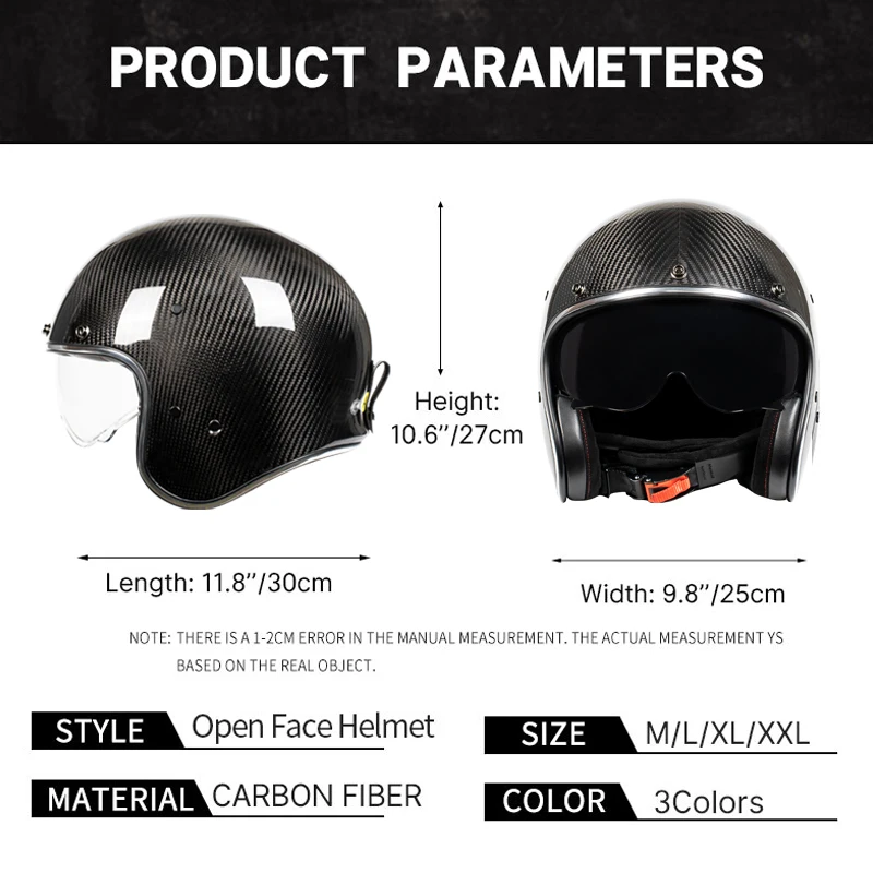 Lightweight Motorcycle Carbon Open Face Helmet With Retractable Clear Lens Women and Man Vintage Jet Half Scooter Helmet DOT