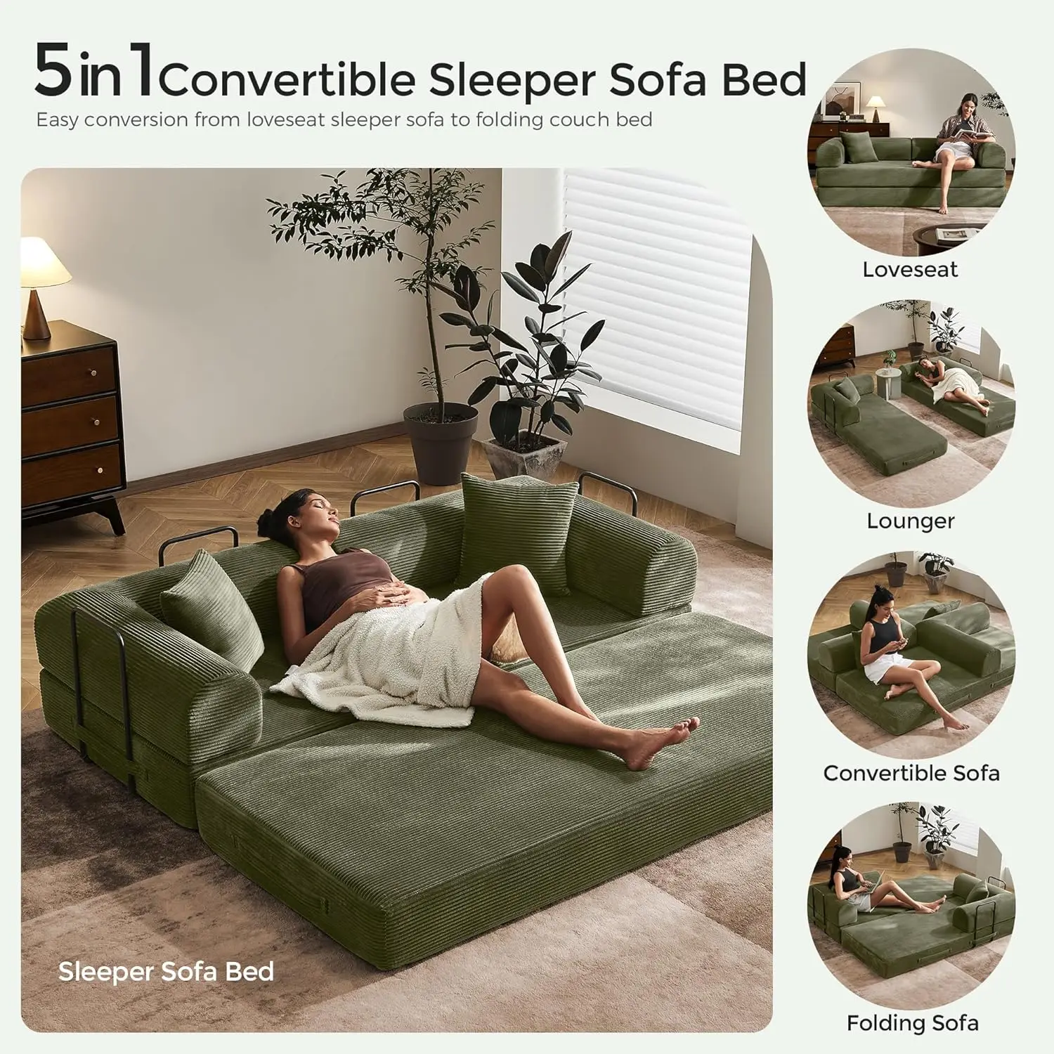 79" Convertible Sofa Bed with Fixed-Shape Frame & Removable Armrests, Modular Corduroy Sleeper Sofa, Folding Mattress Couch for