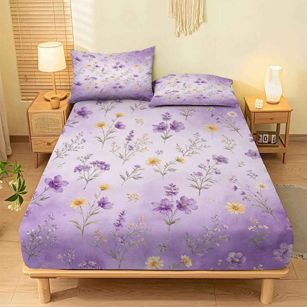 Elegant and Delicate Floral 2D Digital Print Three-Piece Bedding Set (Includes 1 Fitted Sheet + 2 Pillowcases) 3-Piece Set, Large Deep Pocket 2D Printed Fitted Sheet and 2 Pillowcases, Mattress Protector, Fitted Style with Elastic Band, Protective Cover, Mattress Protector, Must-Have for Ambiance, Suitable for All Seasons, Machine Washable Design, Holiday Decoration, Various Sizes, Breathable Protective Cover with Pillowcase