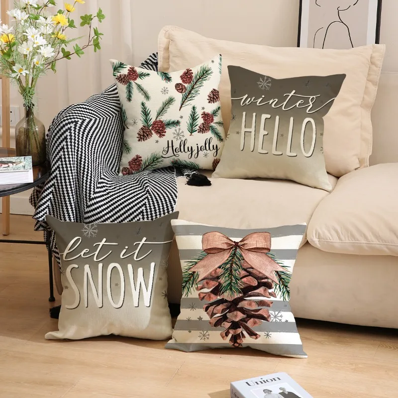 

Merry Christmas Bright Decorative Throw Pillow Covers 45x45cm Set of 4, Winter Holiday Farmhouse Cushion Case Home Decor