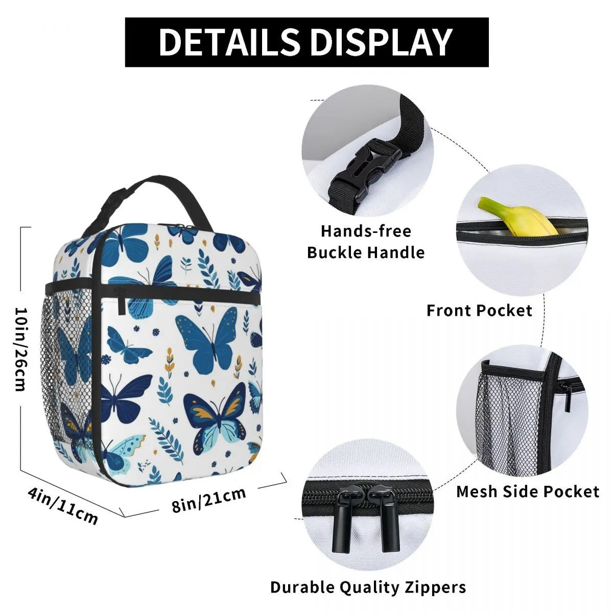 Blue Butterfly Pattern Insulated Lunch Bag for Women Office Cooler Thermal Food Box Tote Portable Lunch Boxes Container