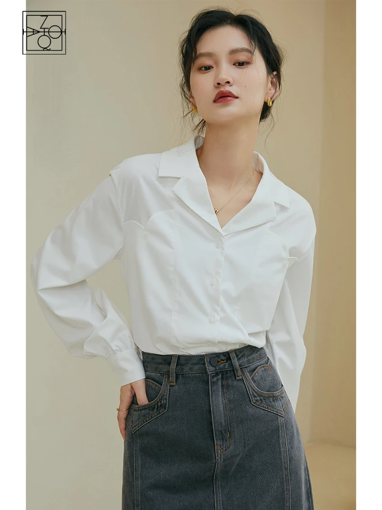 

ZIQIAO Design Sense Women White Shirts 2022 Autumn Office Lady Professional Temperament Full Sleeve French Commuter Female Tops