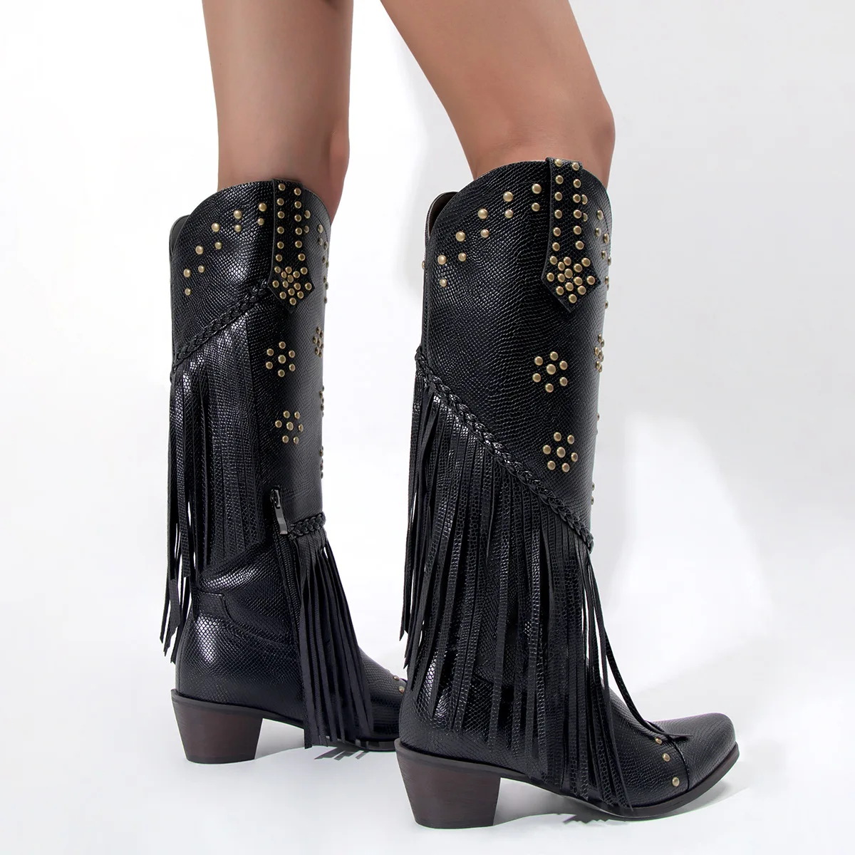 

Retro Fringed Western Cowboy Boots Metal Rivets Tall Tube Thick Heel Heightened British Style Sleeve Sexy Women's Boots 34&43