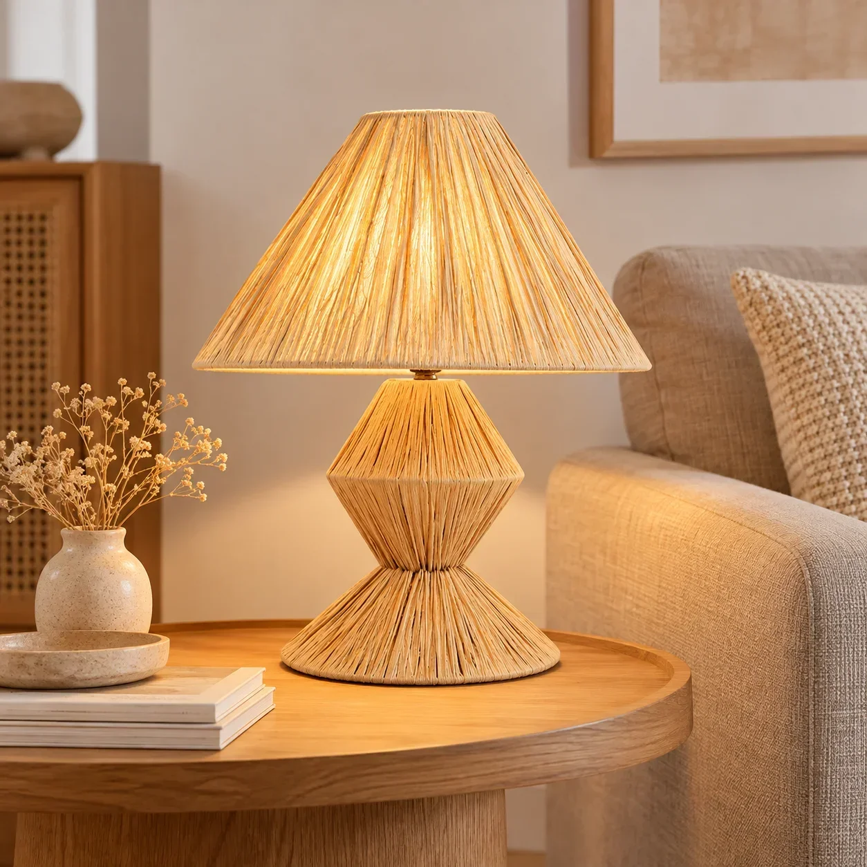 JOYINLED Natural Raffia Lampshade Boho Woven Table Lamp Cover Bedside Nightstand Light for Bedroom Living Room Home Decor
