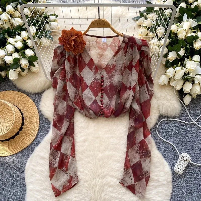 

V Neck Stereo Flower Single-breasted Blusas Mujer Vintage Women Clothing Shirts Plaid Print Puff Sleeve Chiffon Chic Blouses