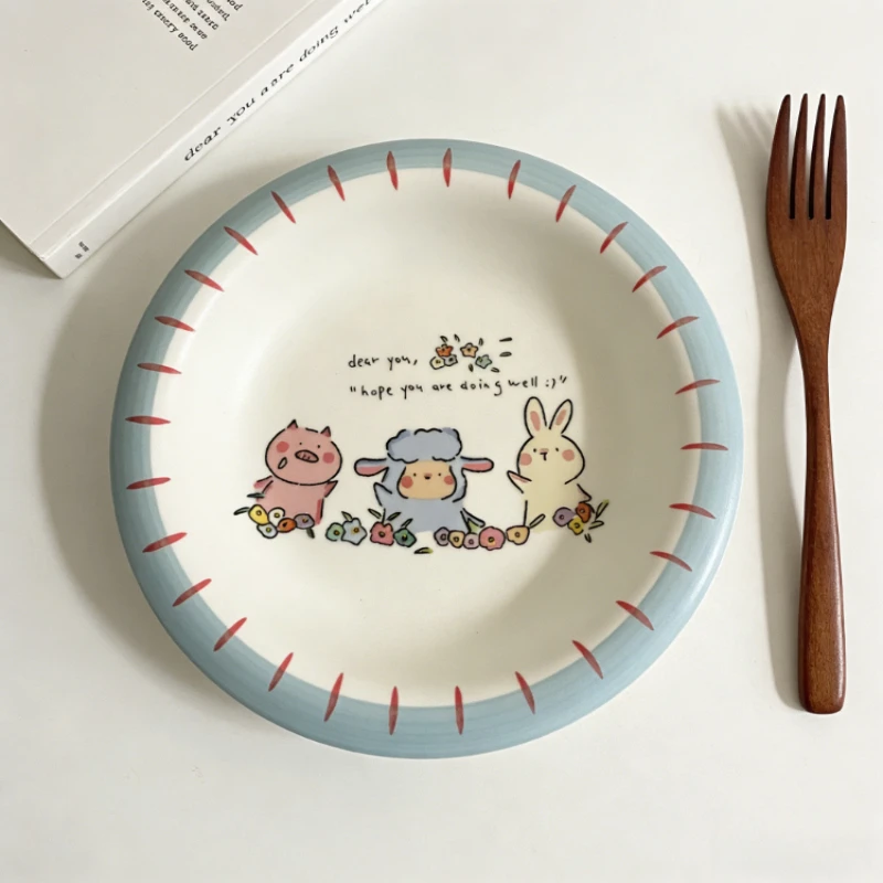 

Милая тарелка для завтрака и ужина из матовой синей керамики с изображением овечки Бодлер, термостойкая, креативная, очень красивая