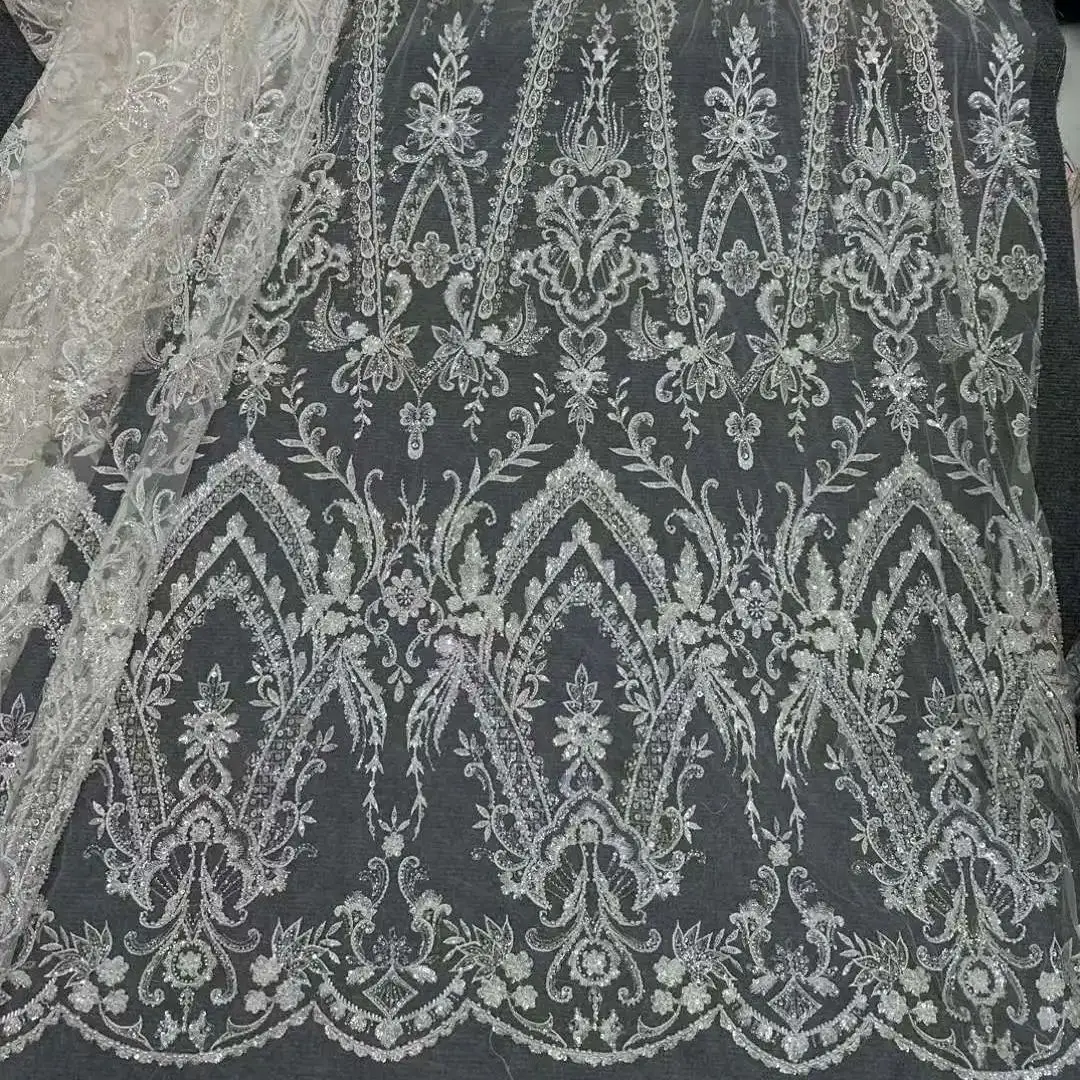 Pretty ，Wedding Dress Design ,White Beads tube Embroidery Fabric , High quality French Tulle Net,  Evening Dresses Lace