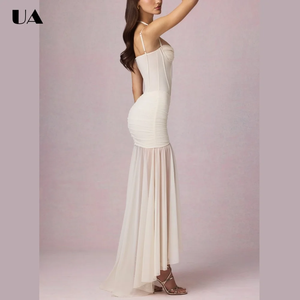 ULBYANRY Elegant Solid Slim Fit Evening Dress Asymmetrical Slit Maxi Prom Dress Customized Spaghetti Straps Wedding Guest Dress