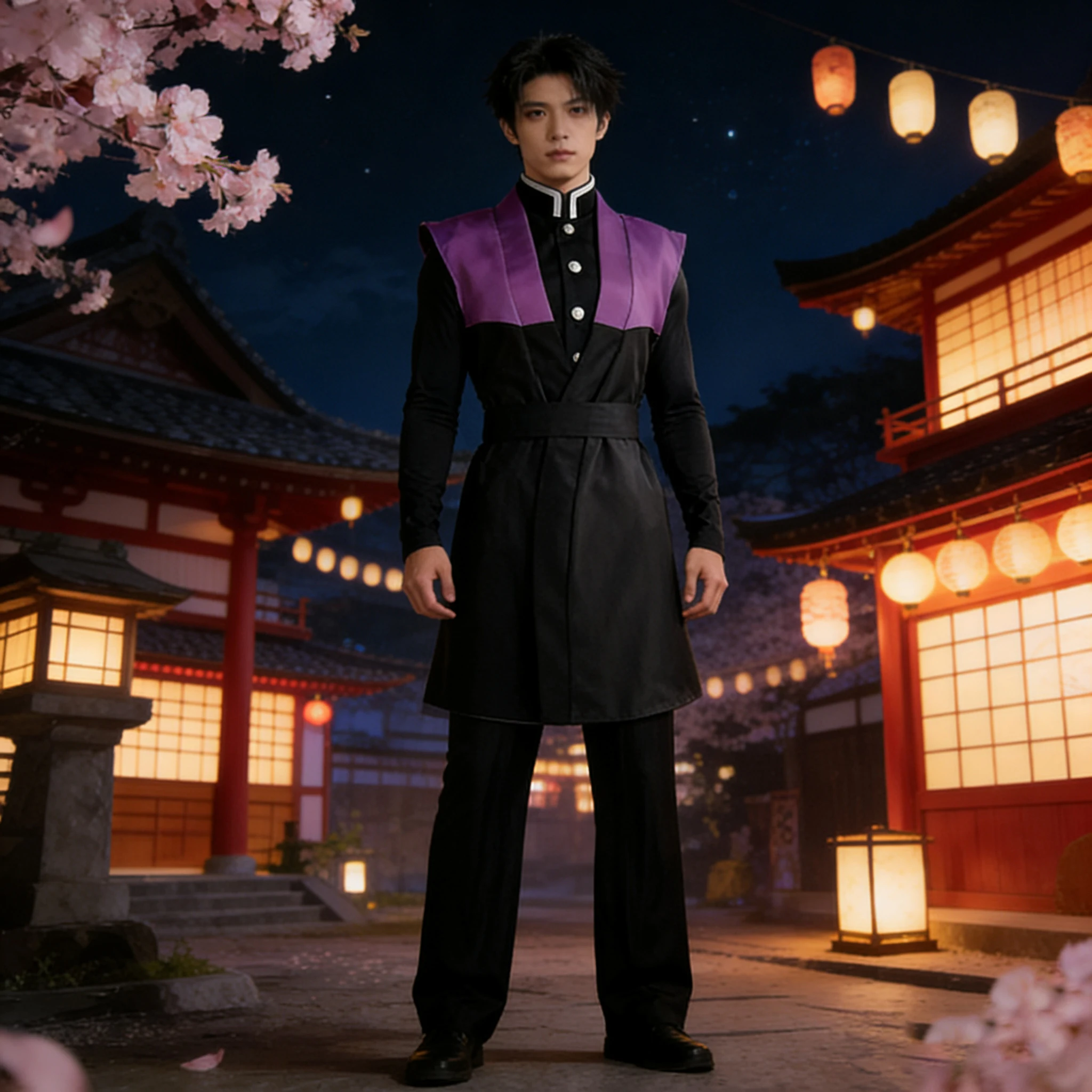 

Genya Shinazugawa Cosplay Costume Demon Uniform Black Purple Patchwork Full Set Halloween Carnival Party Outfit for Men