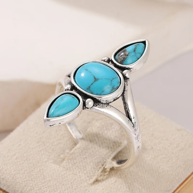 Ethnischer Ring mit eingelegtem Imitationstürkis für Damen, Vintage-Silberfarbe, geometrisch, für den täglichen Gebrauch, Partyschmuck, Jubiläumsgeschenk – Detail 4