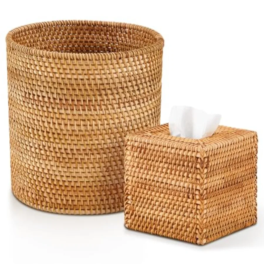 

Log Color 2 Pcs Rattan Tras Can and Square Tissue ox Cover Rattan and Woven asket t Wicker atroom Accories for edroom Kitcen Of