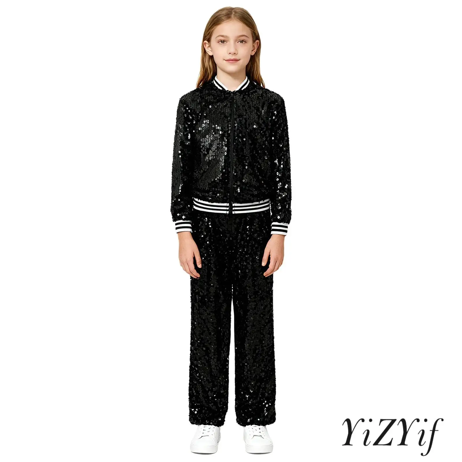 

Kids Girls Allover Sequin Glittery Jazz Outfit Long Sleeve Front Zip Up Baseball Jacket And Long Pants Dance Stage Party Costume