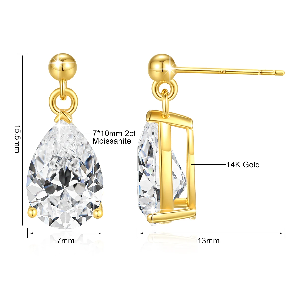 Szjinao-pendientes colgantes de oro de 14k 100% auténtico, 7x10mm, 2ct, piedra moissanita de pera, gota de agua, joyería de boda de oro de 18k con certificados