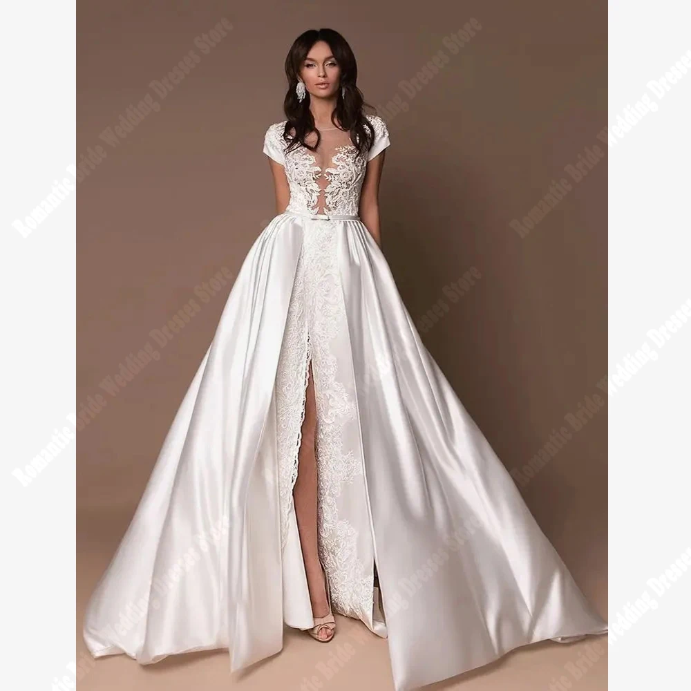 

Sexy V-Neck Women Wedding Dresses Popular Bright Satin Surface A-Line Bridal Gowns Beautiful Lace Decal Boho Vestidos De Novias