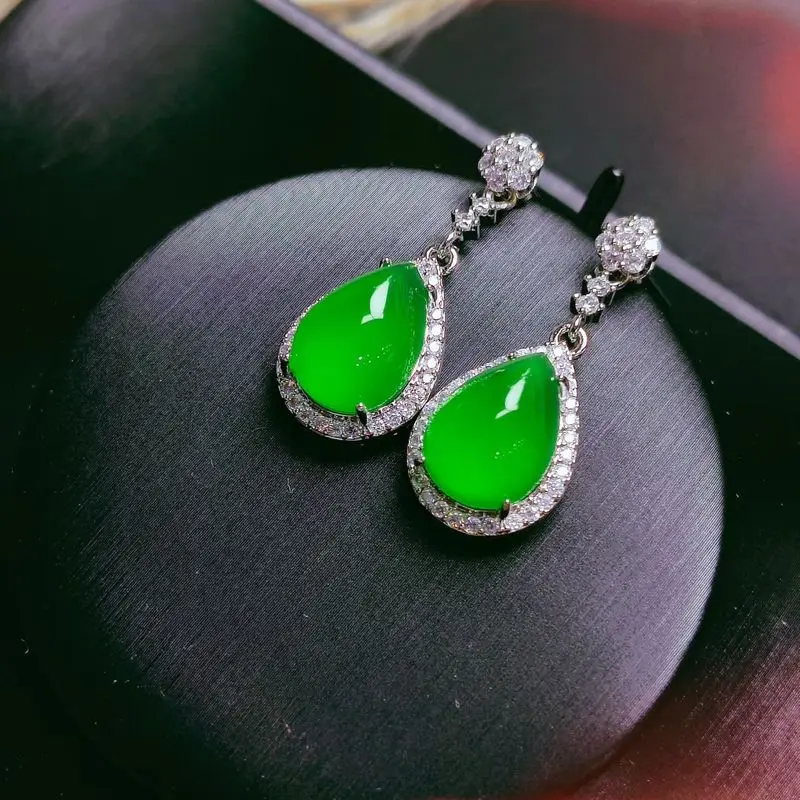 Chinese-style inlaid jadeite green chalcedony drop earrings, new Chinese-style pink chalcedony stud earrings, new Chinese-style 5