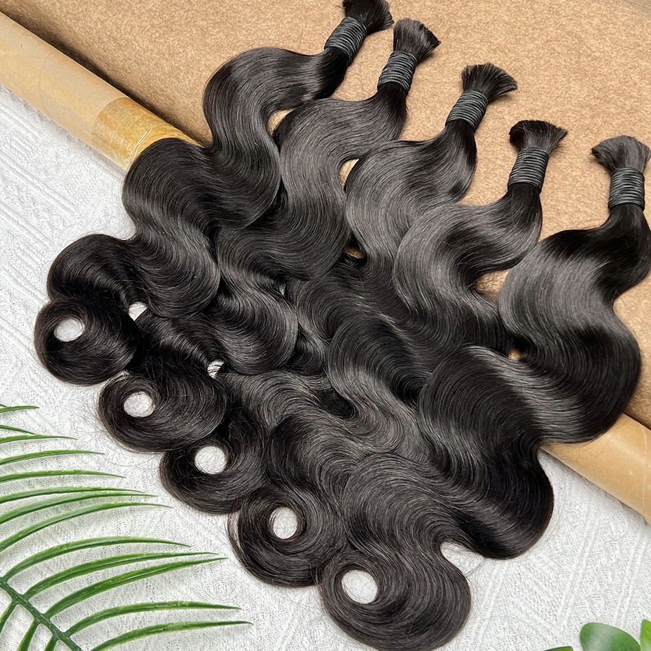 شعر بشري مموج مزدوج المسحوب لوصلات الشعر المضفرة # 1B لون أسود طبيعي بدون لحمة ضفائر شعر مموجة خام #4