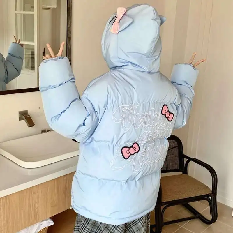 Miniso Plus Size Hellokitty Y2k Cotton Coats Girls Kitty Ear Decor Kawaii Zipper Jacket Cute Cartoon Warm Hooded Coats For Women image 4