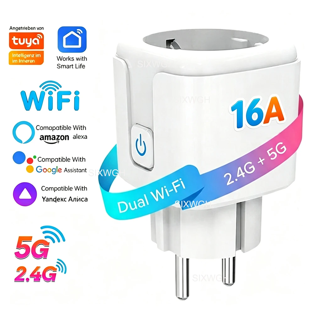 Tuya WiFi Dual-Band 2.4G&5G 16A Smart Socket EU Plug with Timer Smart Life Control Works with Alexa Google Home Voice Control